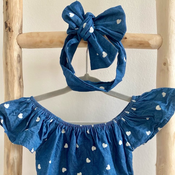 Denim baby / infant boho romper with matching tie - Picture 2 of 3